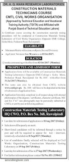 12 Weeks Construction Materials Technicians Course at CMTL Civil Works Organization, Pakistan August, 2017