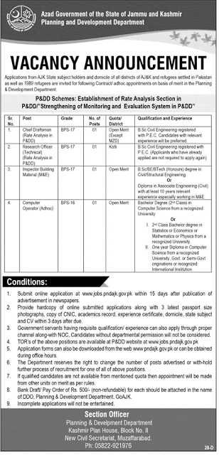 Civil Engineering Jobs in Azad Kashmir Planning and Development Department July, 2017