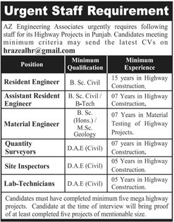 Civil Engineering Jobs in AZ Engineering Associates Lahore for Punjab Highway Projects