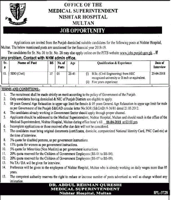 SDO - Civil Engineering Jobs in Nishtar Hospital, Multan (April 2018) 