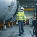 Following Shot of Heavy Industry Engineer Walking through Pipe Manufacturing Factory. Modern Facility for Design and Construction of Large Diameter Oil, Gas and Fuels Transport Pipeline.