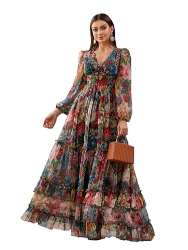 Summer Casual Women's Dresses 2024 Floral Print Lantern Sleeve Ruffle